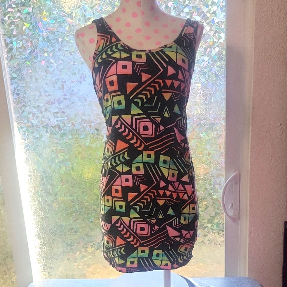Y2K Vintage VS Pink Rainbow Aztec Mini Stretchy Dress Swimsuit Cover SZ:M